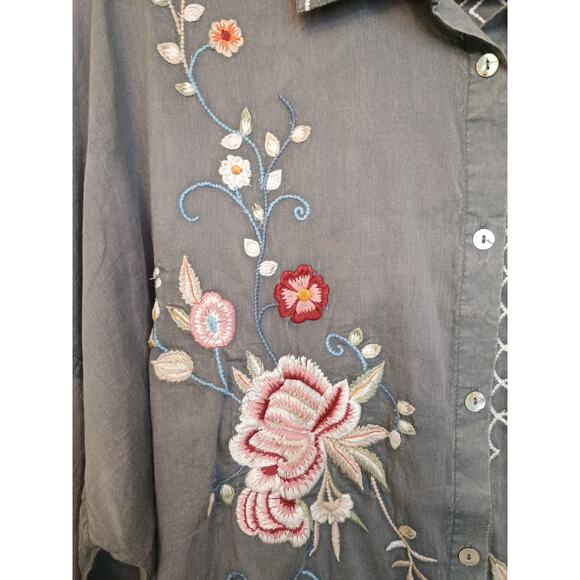 Kyla Seo XL Hand-Embroidered Cotton Tunic Shirt Gray Boho Artisan Blouse - Picture 10 of 16